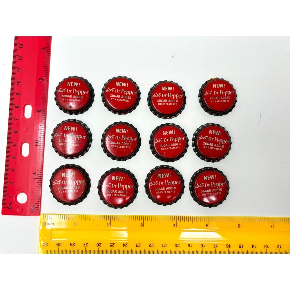 Vintage Diet Dr Pepper Bottle Caps Lot of 12 Sugar Added No Cyclamate Red Metal